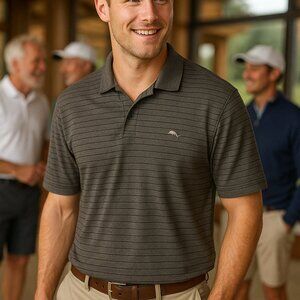 Tommy Bahama Polo‎ Shirt Medium Pullover Gray Stripe Short Sleeve NEW